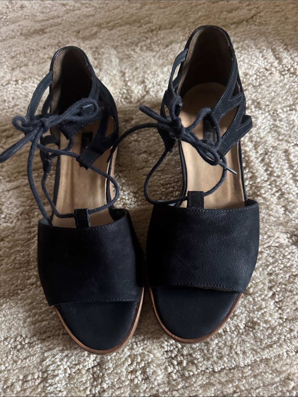 Paul Green Black Lace-Up Open-Toe Sandals with Tan Trim